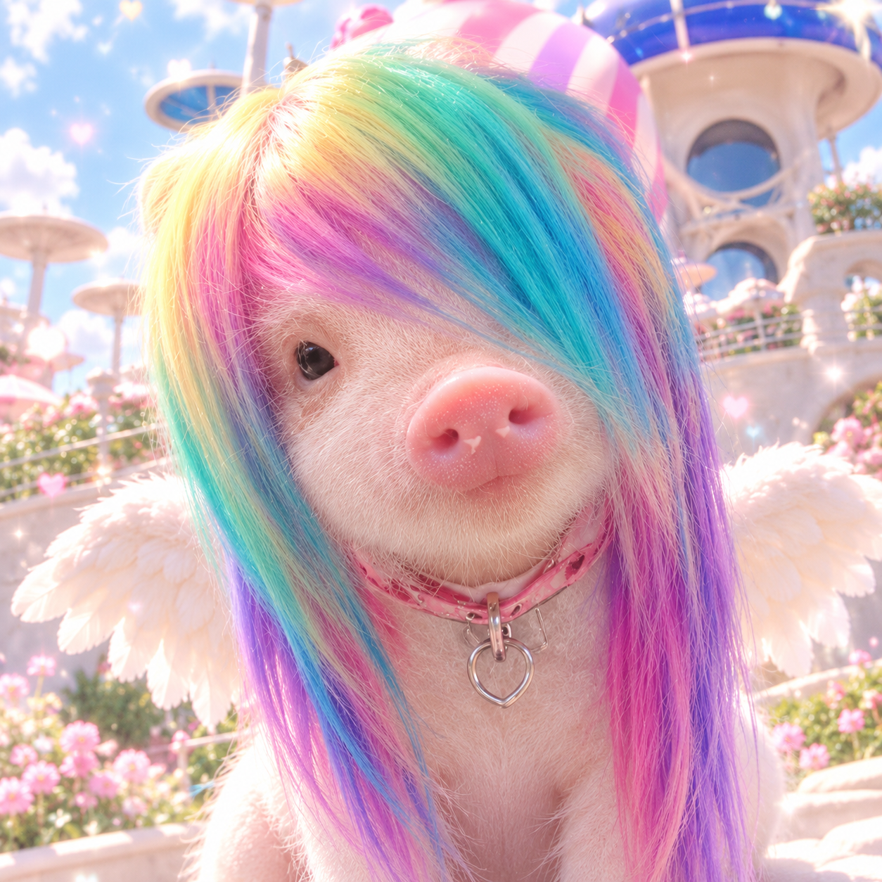 Oinky, a fluffy pink angel pig with a rainbow fringe, white wings and a heart necklace in a magical park.